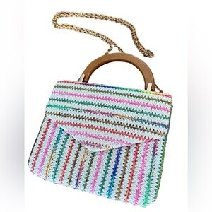 Multi Color Woven Mini Handbag Crossbody Gold Chain Wooden Handles
